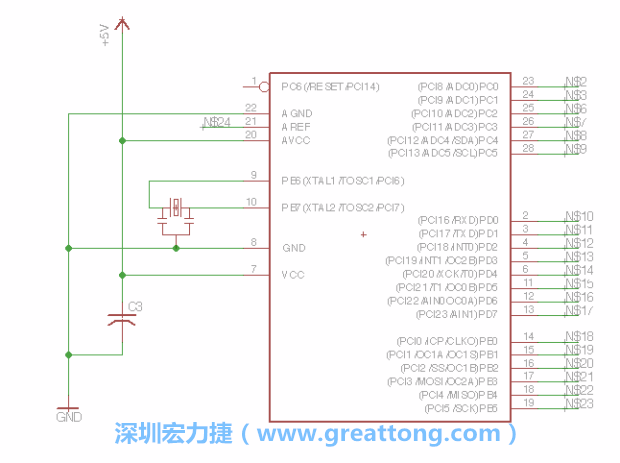 3.3.    將共鳴器（resonator）放置在針腳9和針腳10附近，將它的三個針腳連接如圖所示，并確認最中間的針腳有連到接地端。